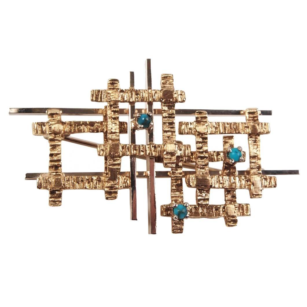 Sculptural 14-Karat Gold and Turquoise Brutalist Pin or Brooch