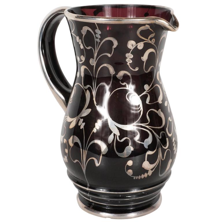 Stunning Art Deco Black Glass Pitcher with Sterling Silver Overlay at