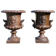 Pair of Cast Iron Vases Decorated with Mascarons, 19th Century