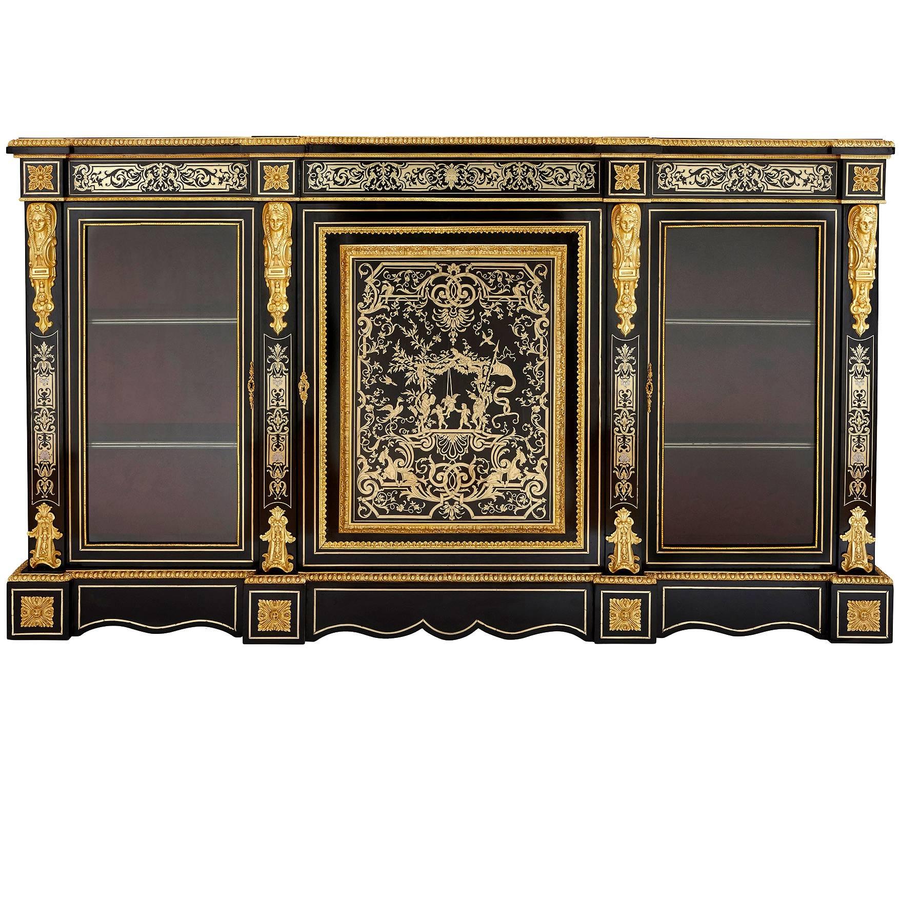 Ormolu and Boulle Ebonised Wood Antique Vitrine Cabinet