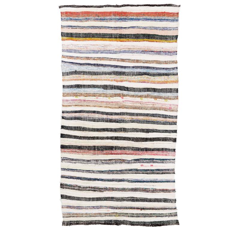 Banded Cotton Rag Rug, FlatWeave Kilim For Sale at 1stdibs