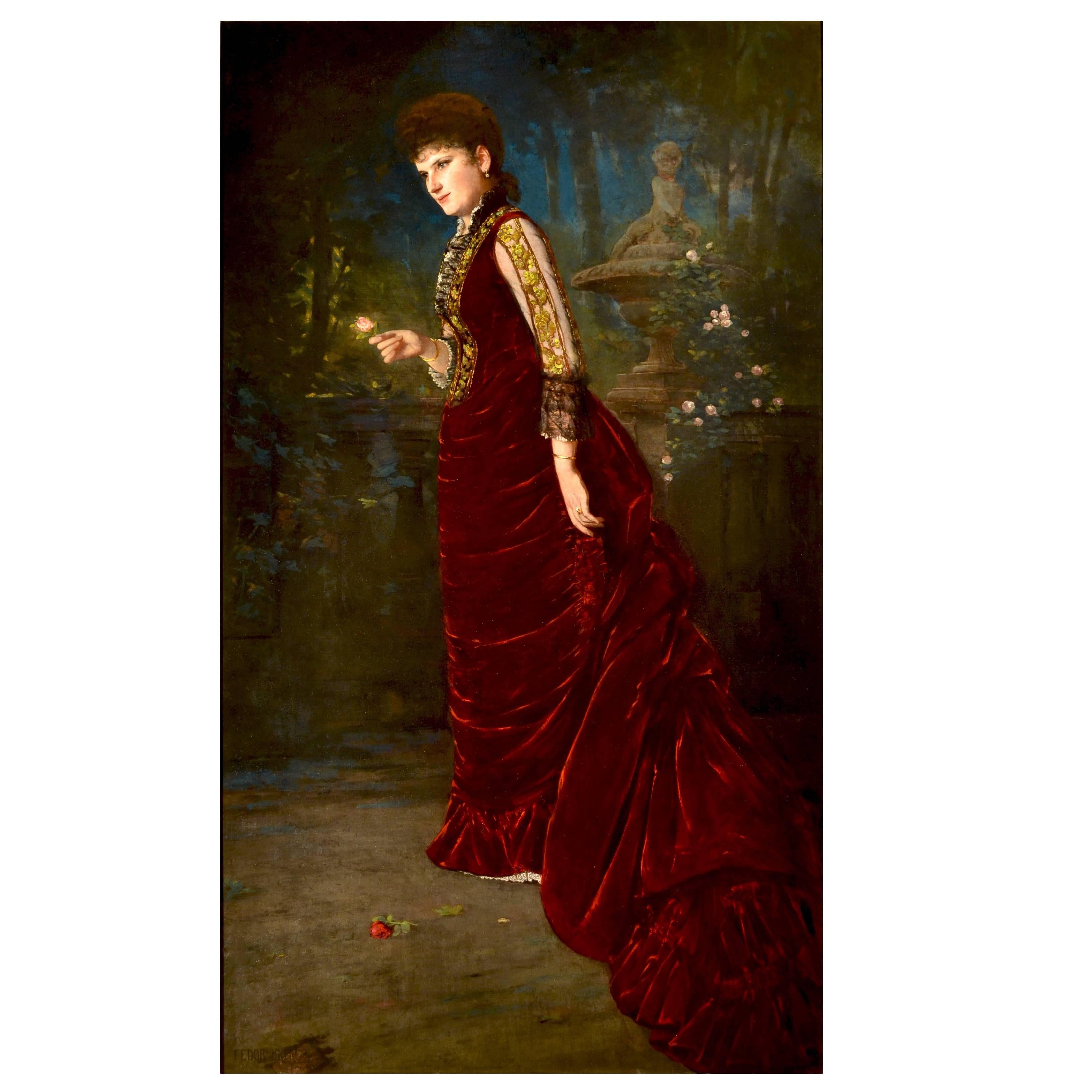 Fedor Encke's Portrait of a Lady in a Velvet Dress, Large Oil on Canvas Painting For Sale