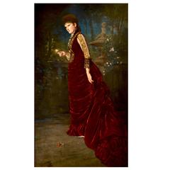 Fedor Encke's Portrait of a Lady in a Velvet Dress, Large Oil on Canvas Painting