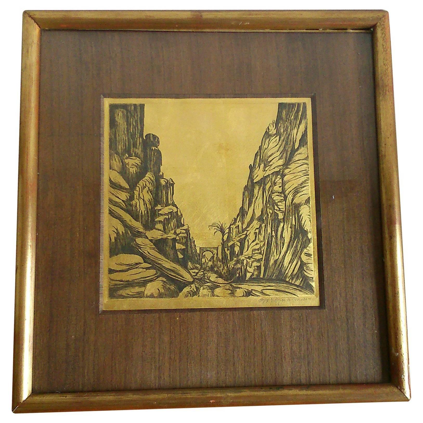 Petite Signed Orientalist Engraving, France, 1940s Ipso Facto