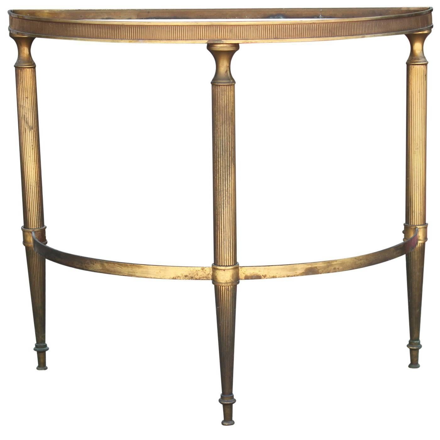 Modern French Brass Demilune Side Table with Vintage Half Moon Mirror Top