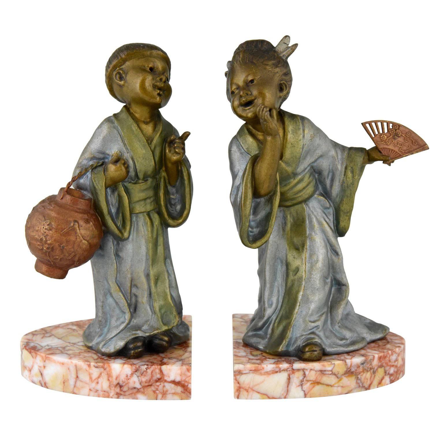 Art Deco Bookends with Chinese Children, Geo Maxim, 1930 France