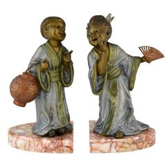 Vintage Art Deco Bookends with Chinese Children, Geo Maxim, 1930 France