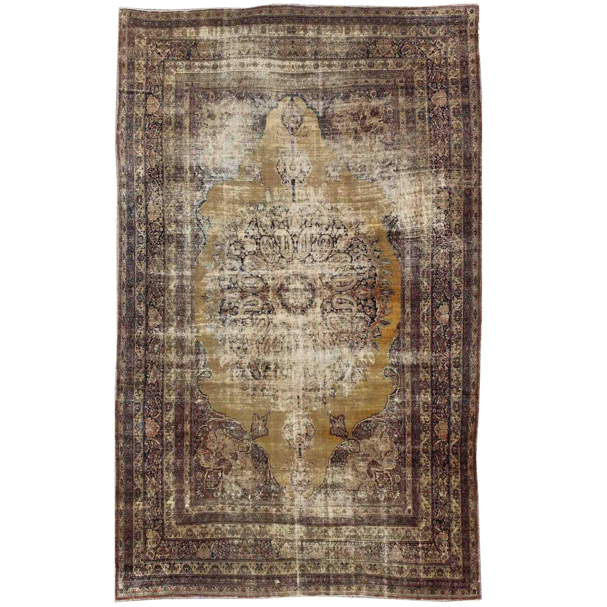 19th Century Lavar Kerman Rug with Gold, Sand- and Camel-Colored Tones