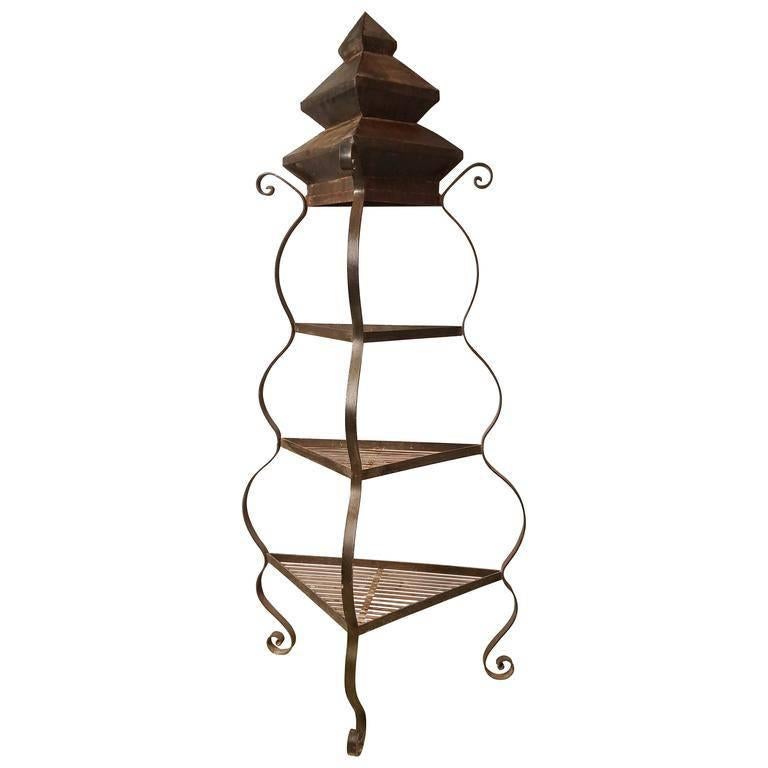 Handmade Iron and Steel Pagoda Top Garden Etagere or Plant Stand