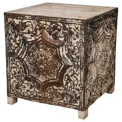 Antique Decorative Metal and Wood Cube-Shape Table