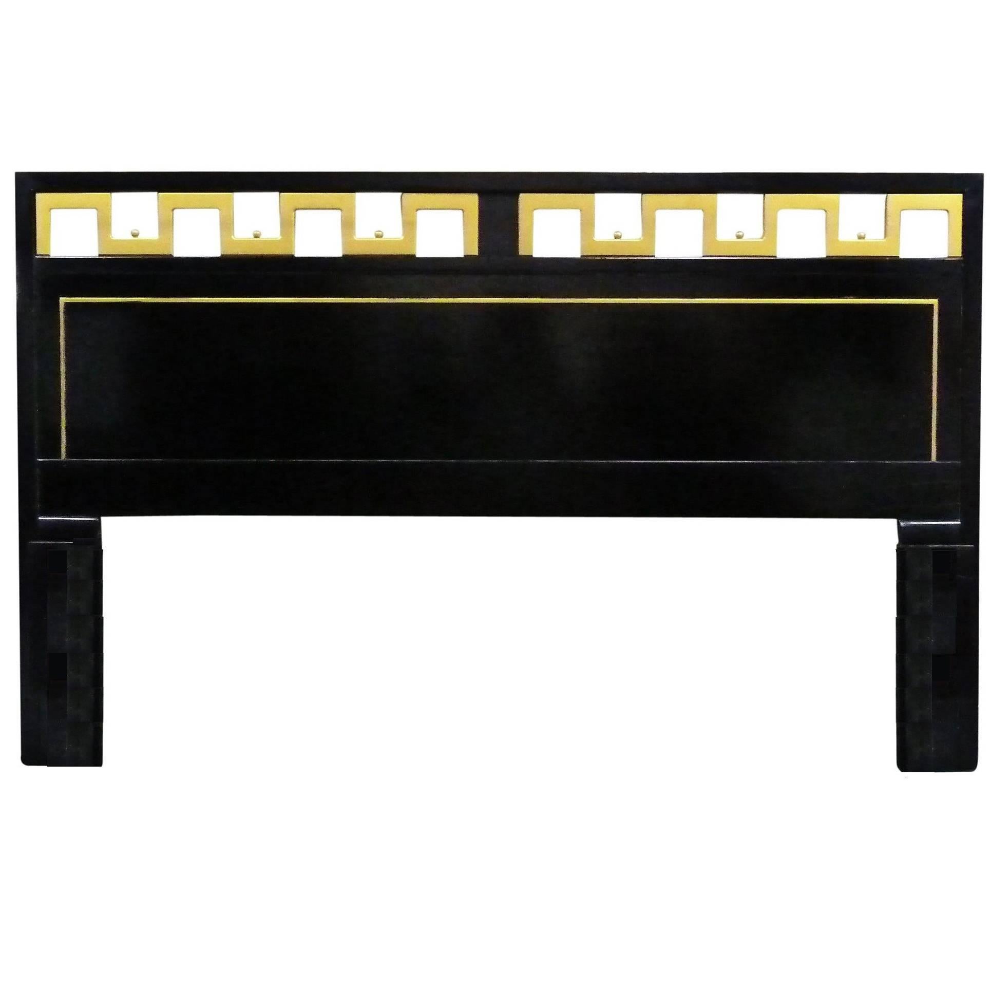 Greek Key Black & Gold Lacquered King Headboard For Sale