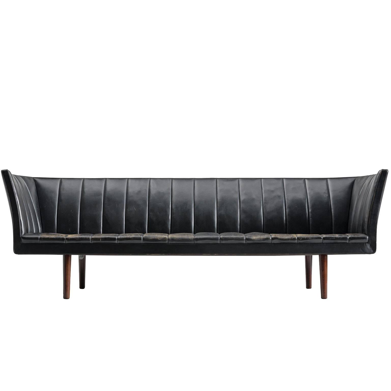 Helge Vestergaard Jensen Black Leather Sofa, Denmark, 1960