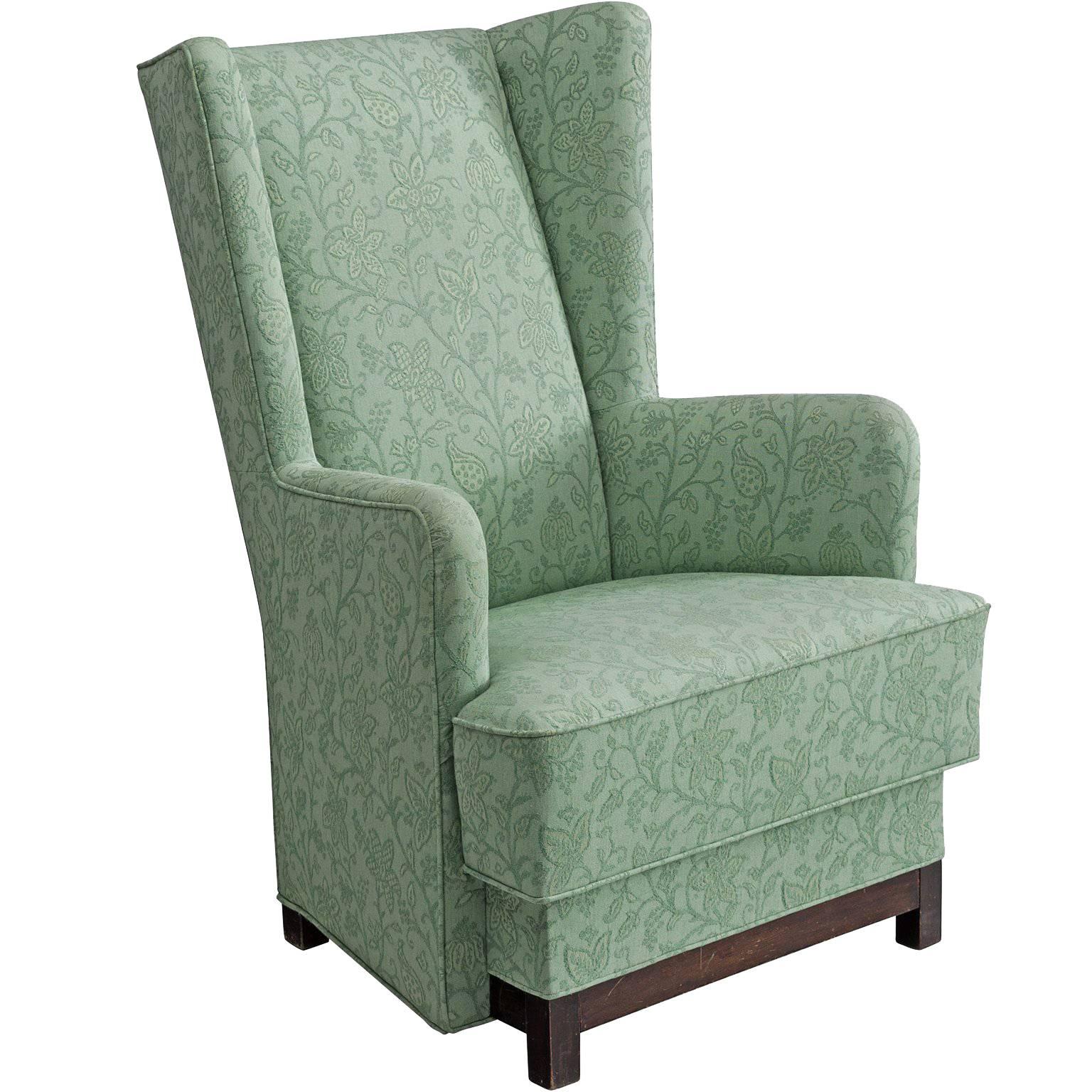 Danish Wing Back Chair in Green Floral Upholstery, 1940s