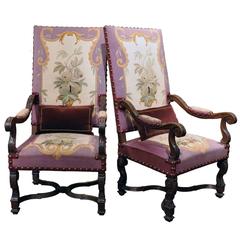 Pair of 19th Century French Louis XIV Armchairs with Original Aubusson Tapestry