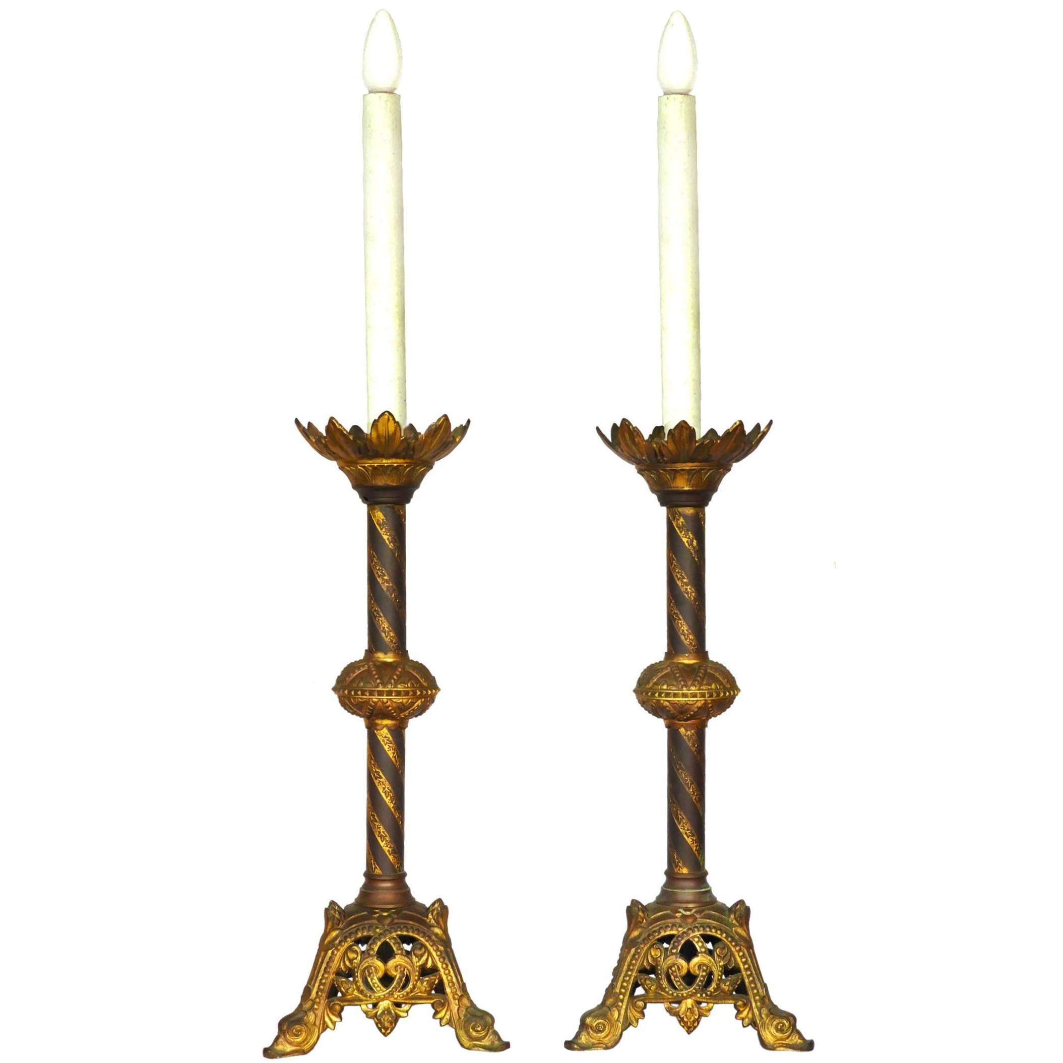 Pair of Candlestick Lamps French Church Gothic Revival, circa 1850 For Sale
