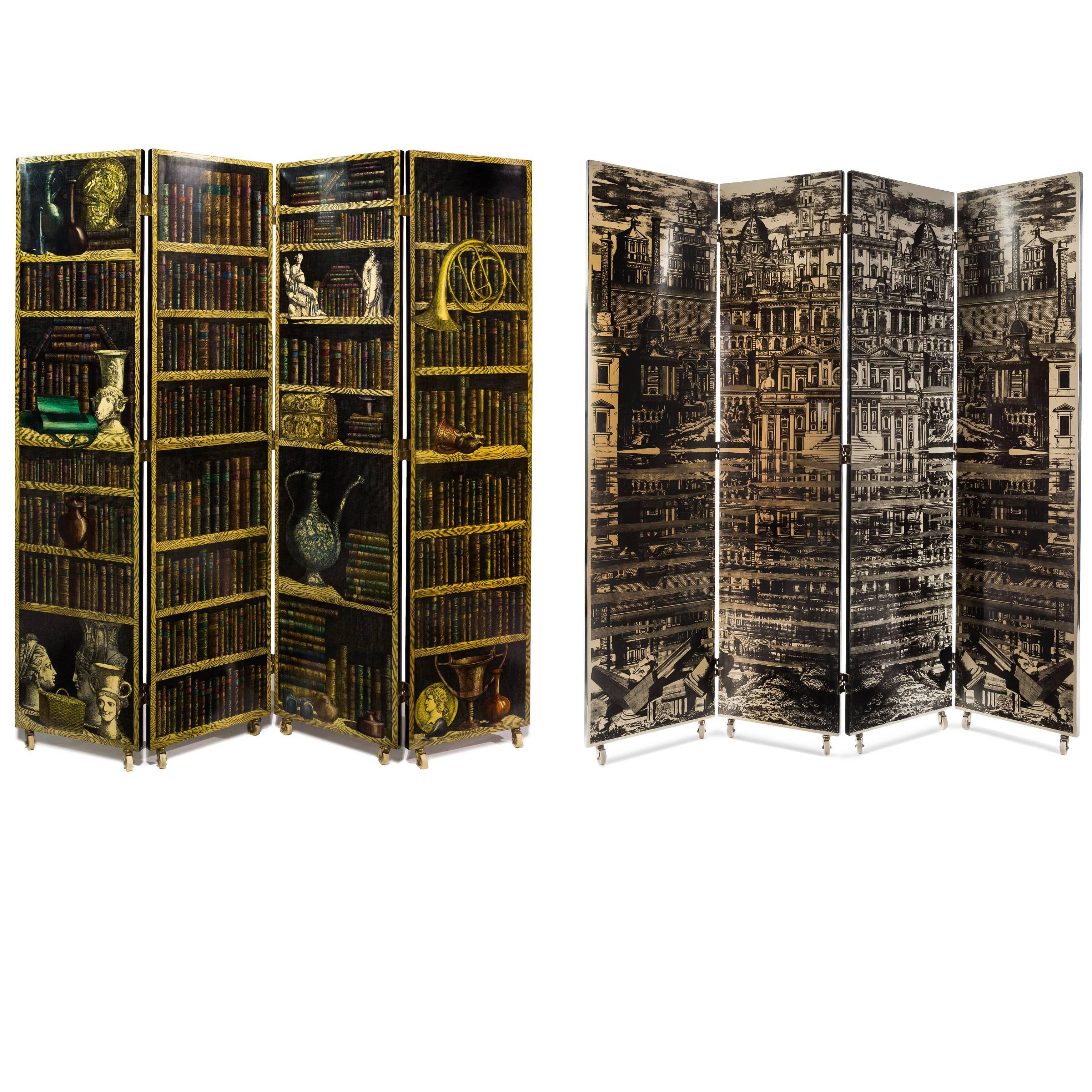 Piero Fornasetti Four Panel Folding Screen with La Citta Riflettente and Library