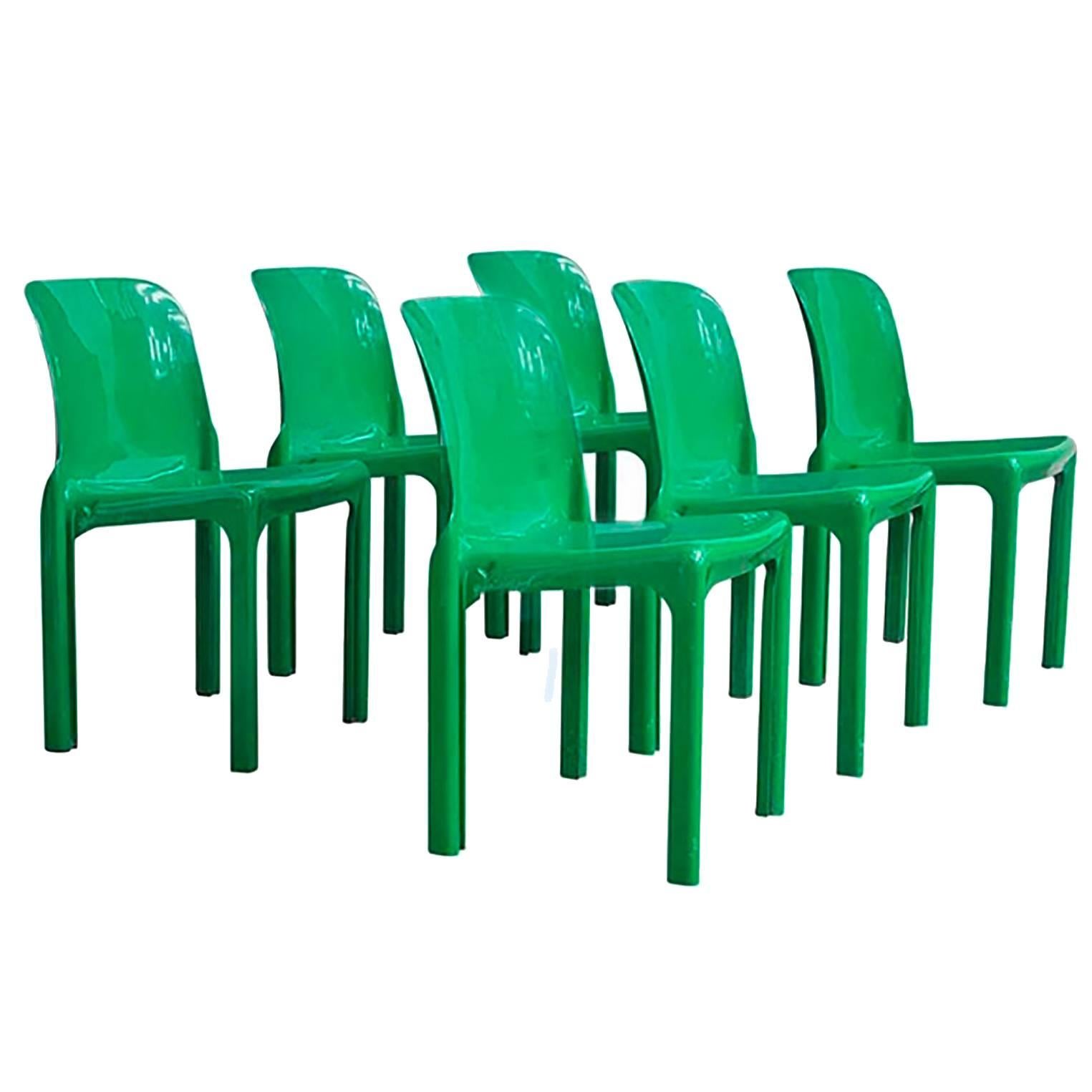 1969, Vico Magistretti for Artemide, Set of Four or Six Green Selene Chairs