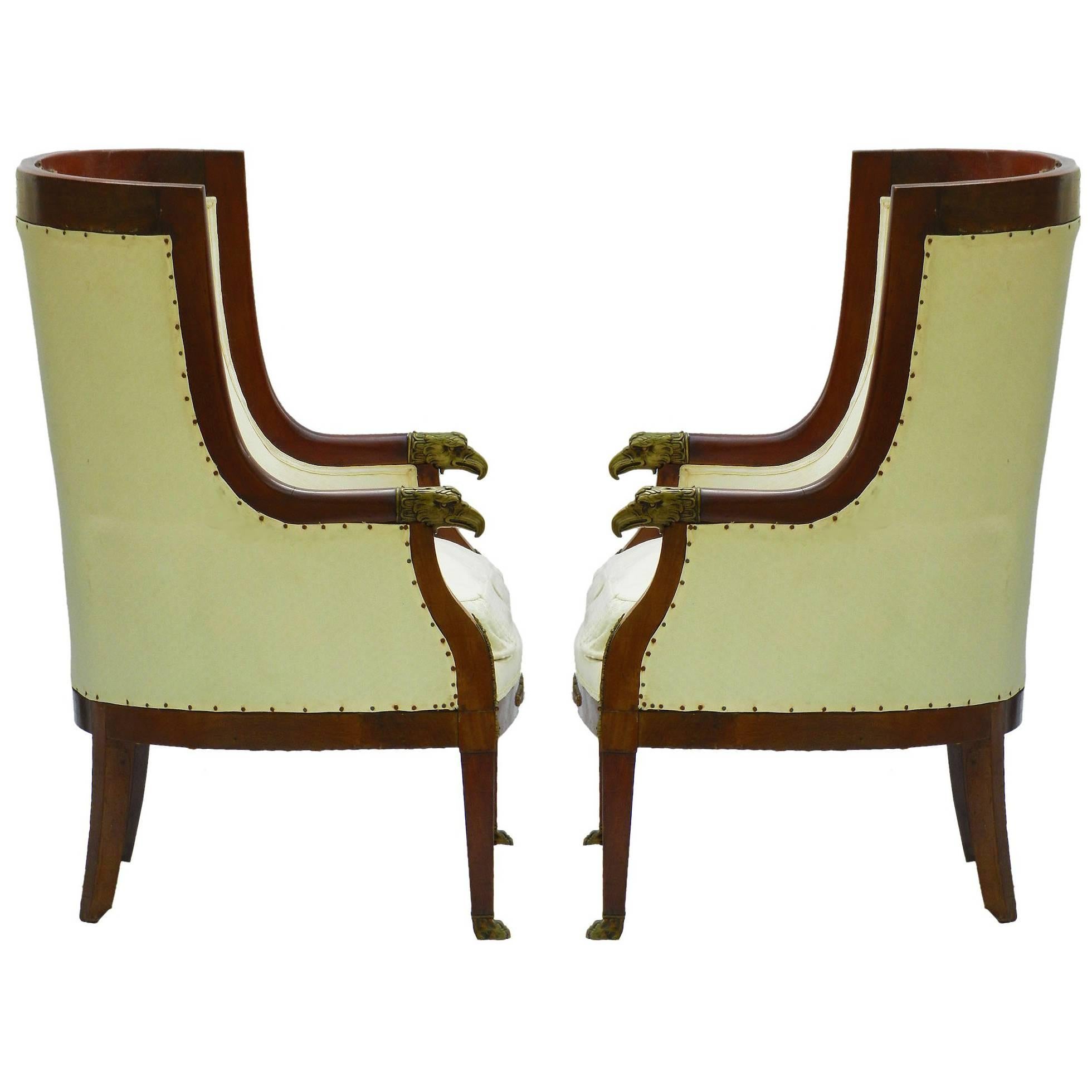 Pair of Bergere Armchairs French Empire Revival Barrel Chairs