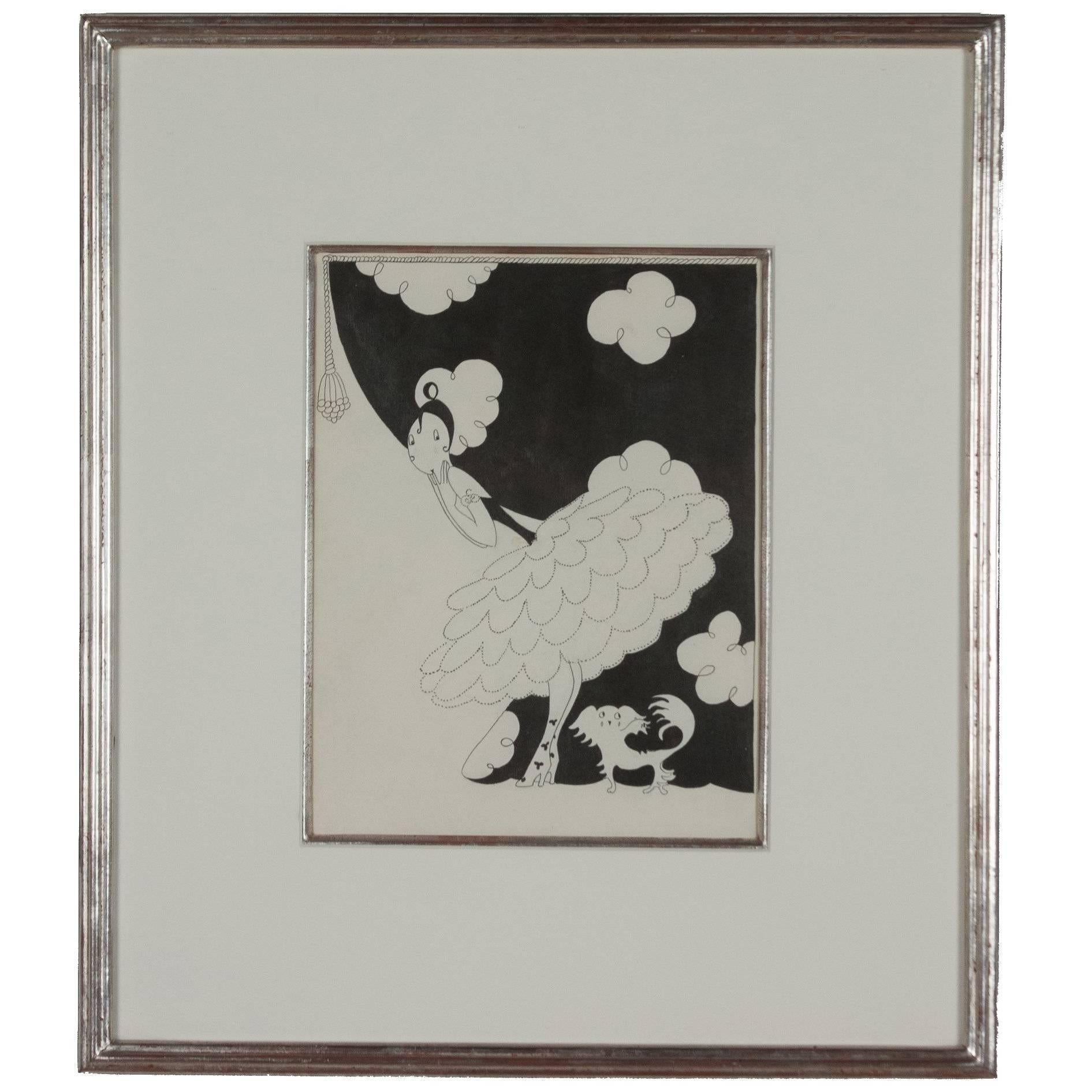 Woman and a Dog, Illustration on Paper, American, 1950s For Sale