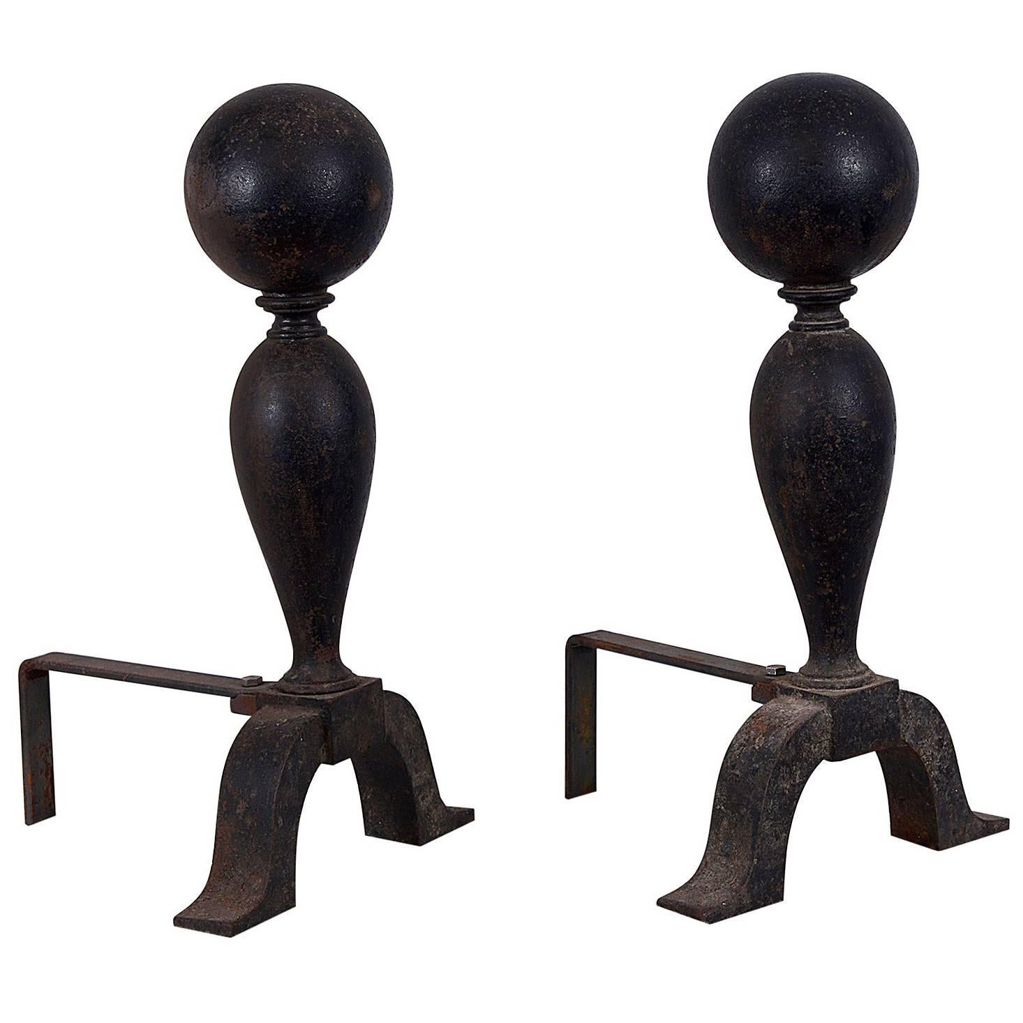 Colonial Cast Iron Cannonball Andirons For Sale