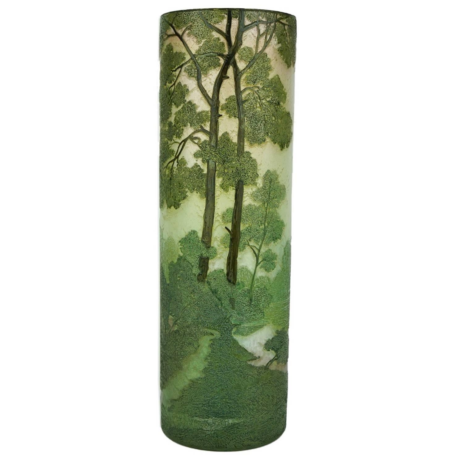 Art Nouveau Legras Vase with Pines Lake Landscape For Sale