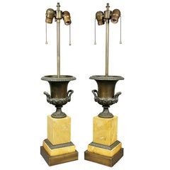 Pair of Charles X Sienna Marble and Bronze Urns Mounted as Lamps