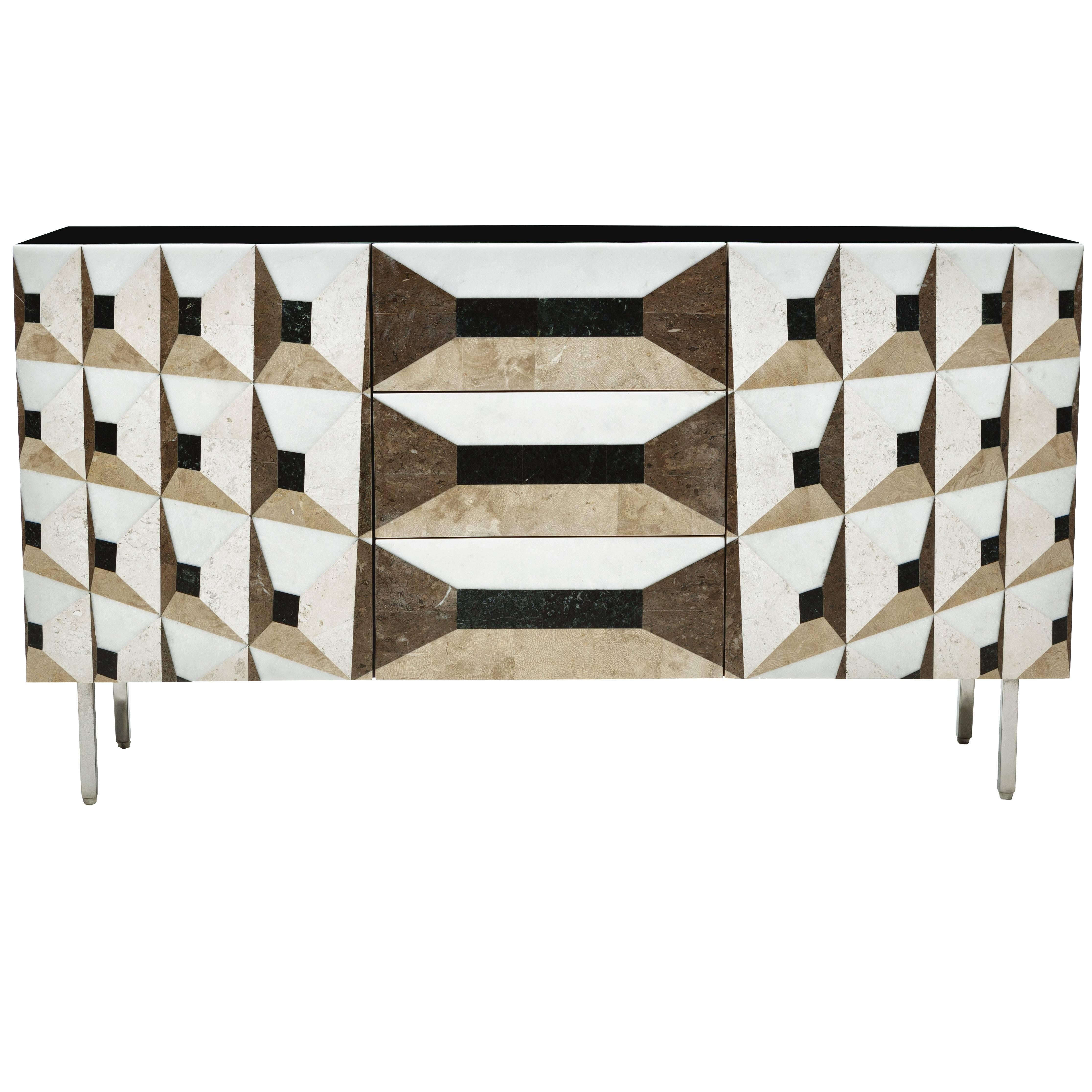 Modern Midnight Gallery Sideboard Console in Marble Marquetry 2017 For Sale