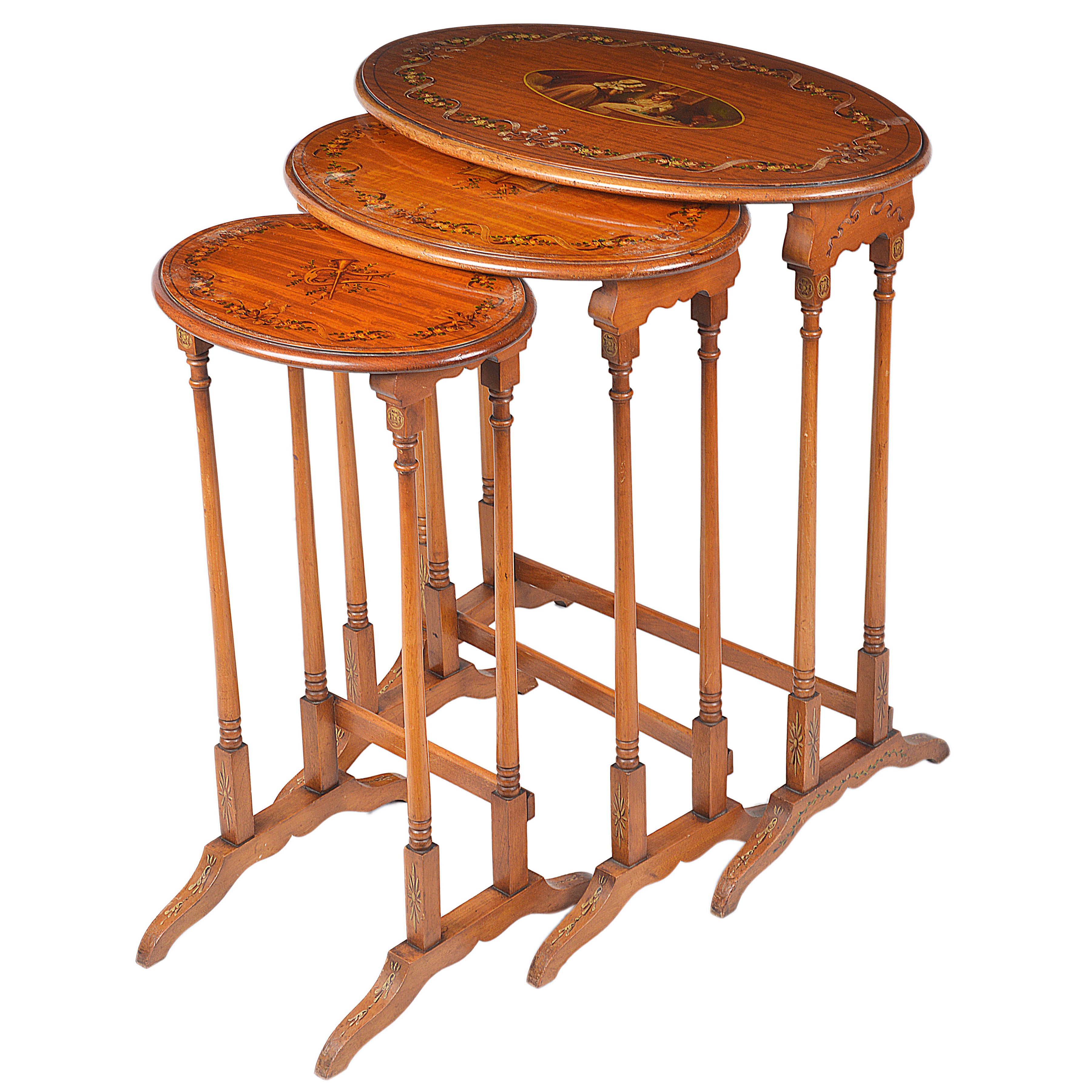 Three Vintage Louis XV Carved Satinwood Inlaid Nest of Nesting Side