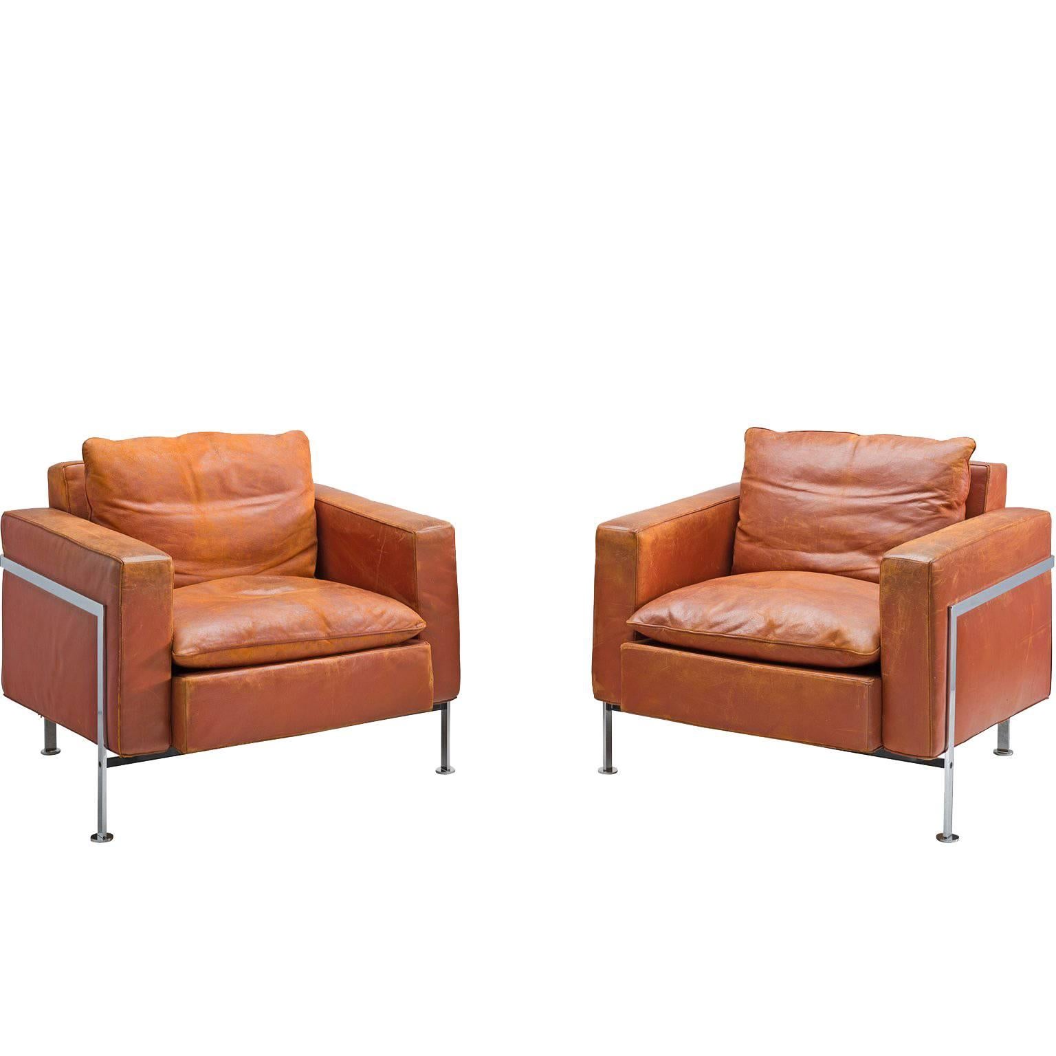 Robert Hausmann Pair of Cognac Leather Lounge Chairs for Desede Switzerland 1954