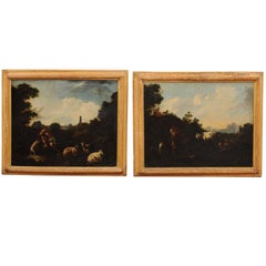 Antique Pair of 18th Century Italian Oil on Canvas Landscape Painting