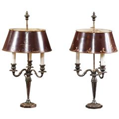 Pair of Silver Bouillotte Lamps with Burgundy Painted Tole Shades, 19th Century
