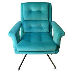 French Armchair of the Early 1970s in Turquoise Velvet