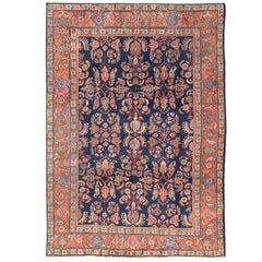  Antique Mahal Rug with Dark Blue Field & Coral Red Border with Floral Motifs