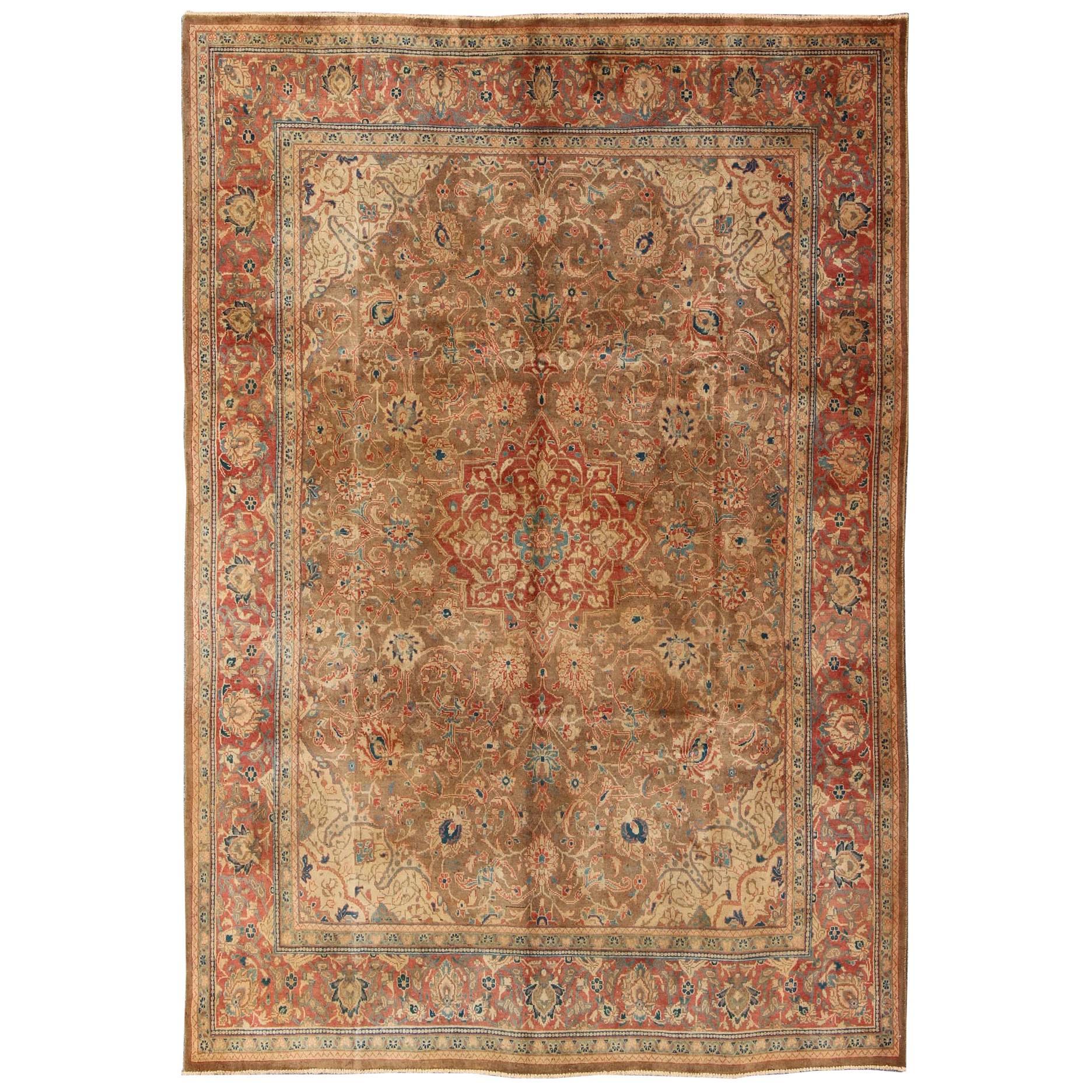 Antique Mahal Rug with Floral Pattern in Camel, Coral, Turquoise , Rust Red  For Sale