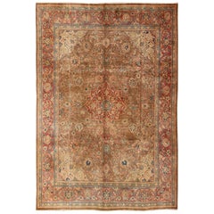 Antique Mahal Rug with Floral Pattern in Camel, Coral, Turquoise , Rust Red 