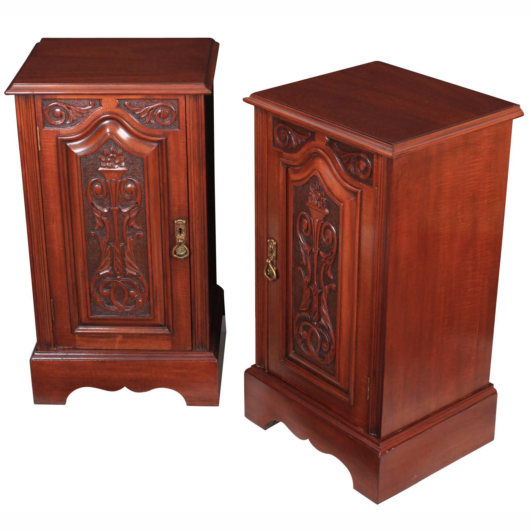 Pair of Carved Mahogany Bedside Cabinets For Sale