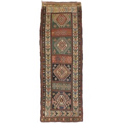 Rustic Tribal Style Antique Caucasian Kazak Rug, Wide Hallway Runner