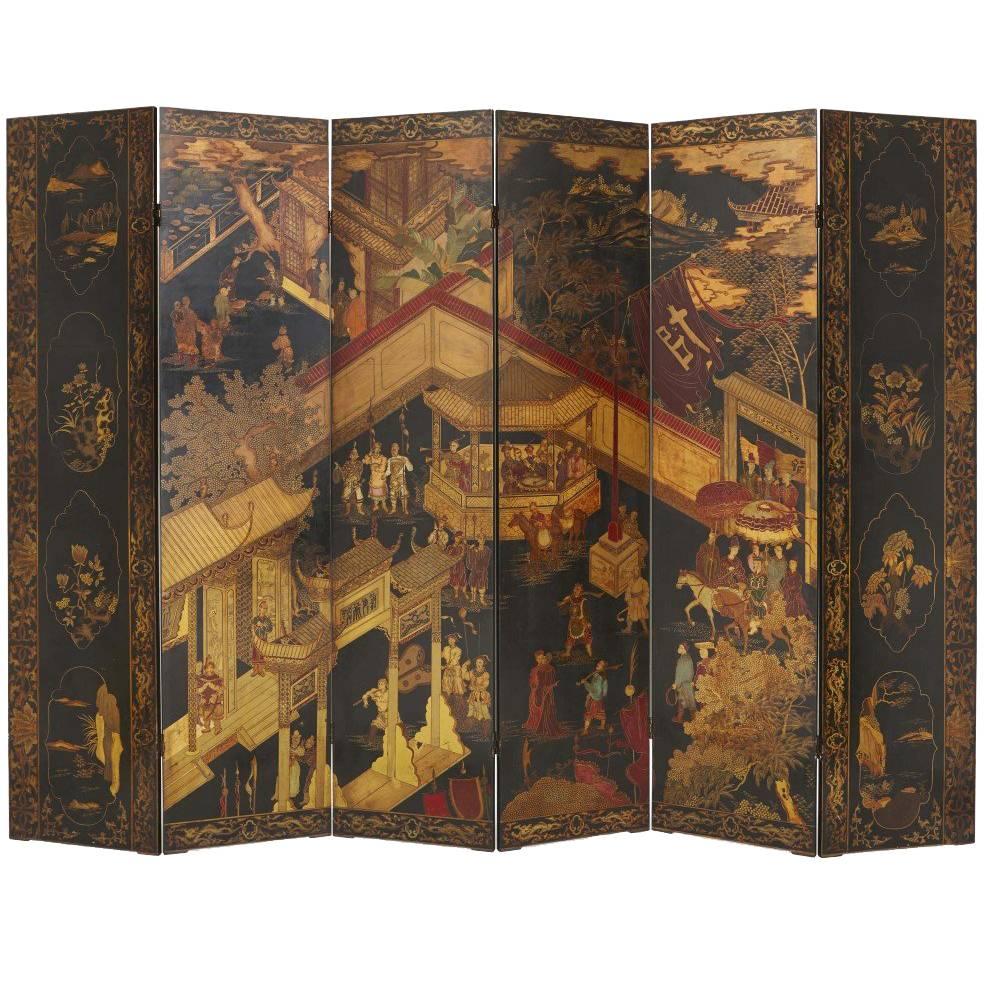 Lacquered and Ebonized Wood Six Panel Chinese Folding Screen
