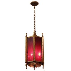 1920s Hexagon Brass Pendant Lantern with Red Glass with Three Lights