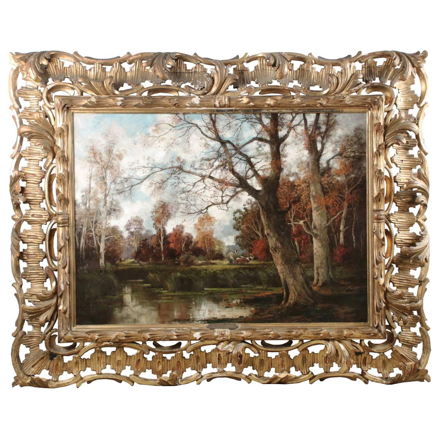 Barbizon Antique Landscape Oil Painting of Forest by Adolf Kaufmann, Austrian