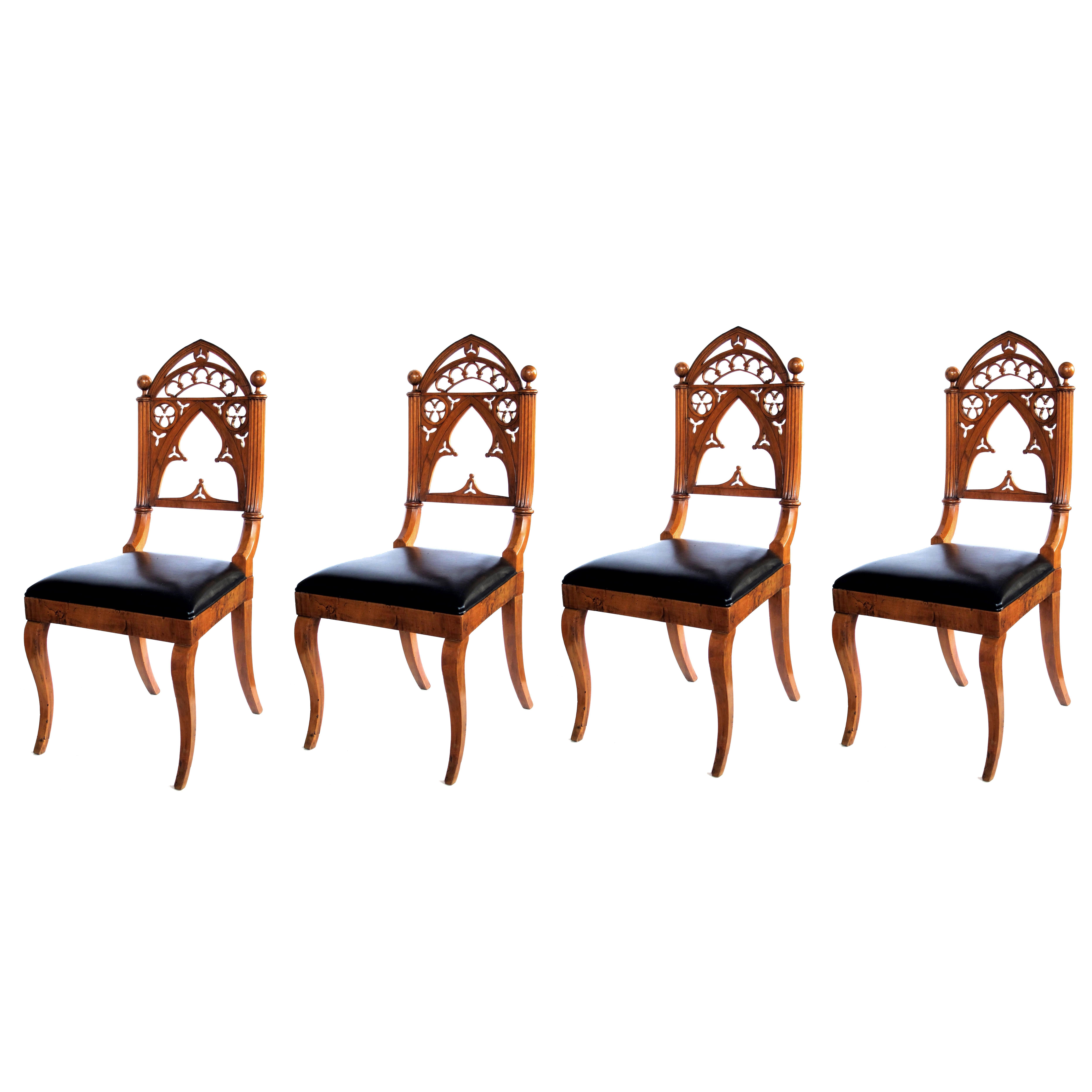 Well-Carved Set of Four Gothic Revival Klismos-Form Walnut Side Chairs