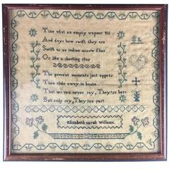 Antique American Folk Art Sampler, Elizabeth Sarah Wilcox, Mid-19th Century