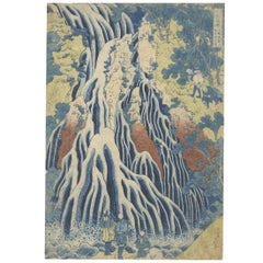 Hokusai 19th Century Japanese Woodblock Print, Ukiyo-e Iconic Blue Waterfall