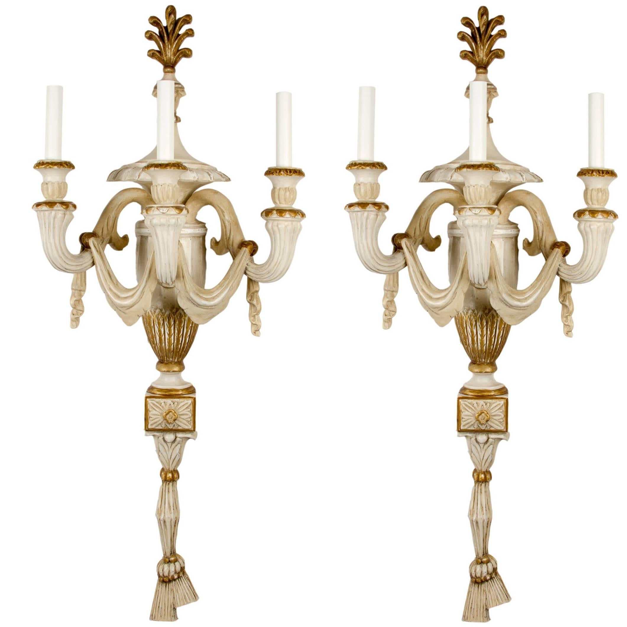 Pair of Cream Painted and Parcel-Gilt Three-Light Wall Appliqués 