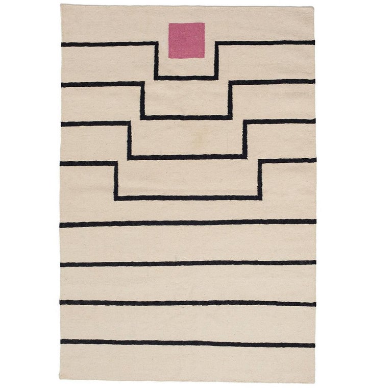 Aelfie Tabitha Striped Modern Dhurrie/Kilim Pink White Rug Carpet 5x8  For Sale