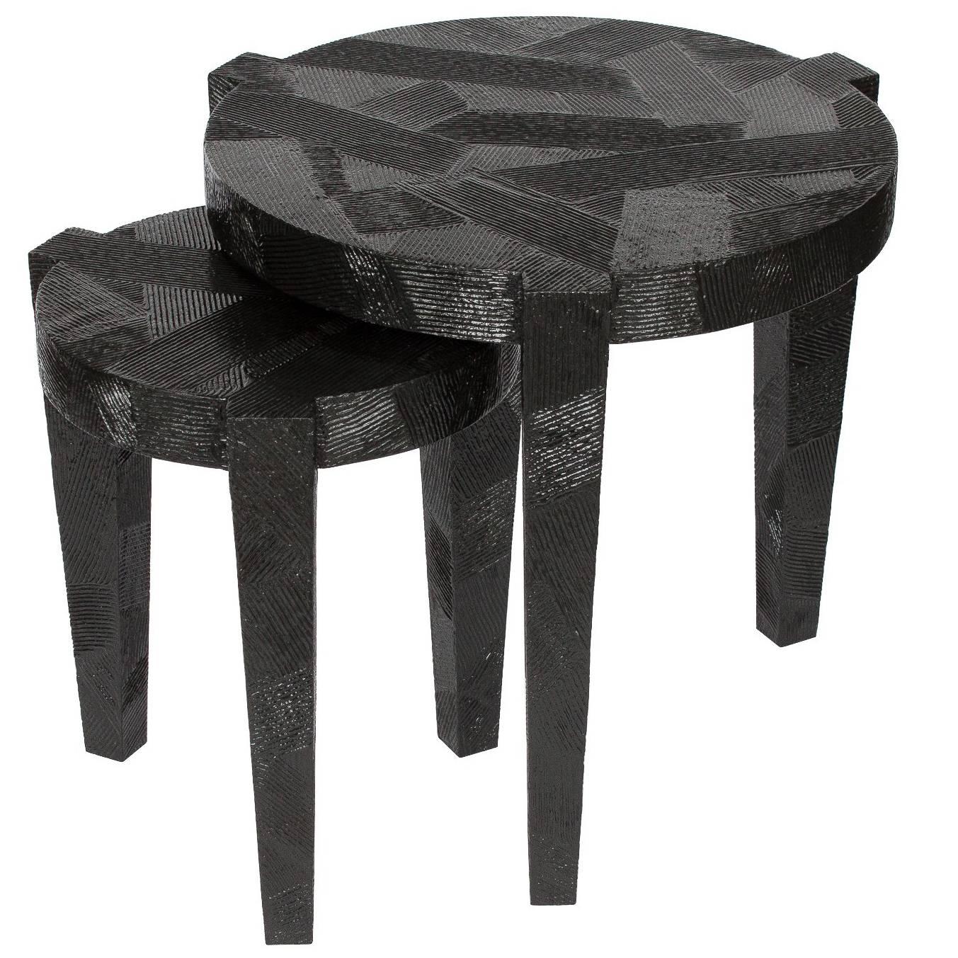 Set Black Lacquered Textured Nesting Side Tables