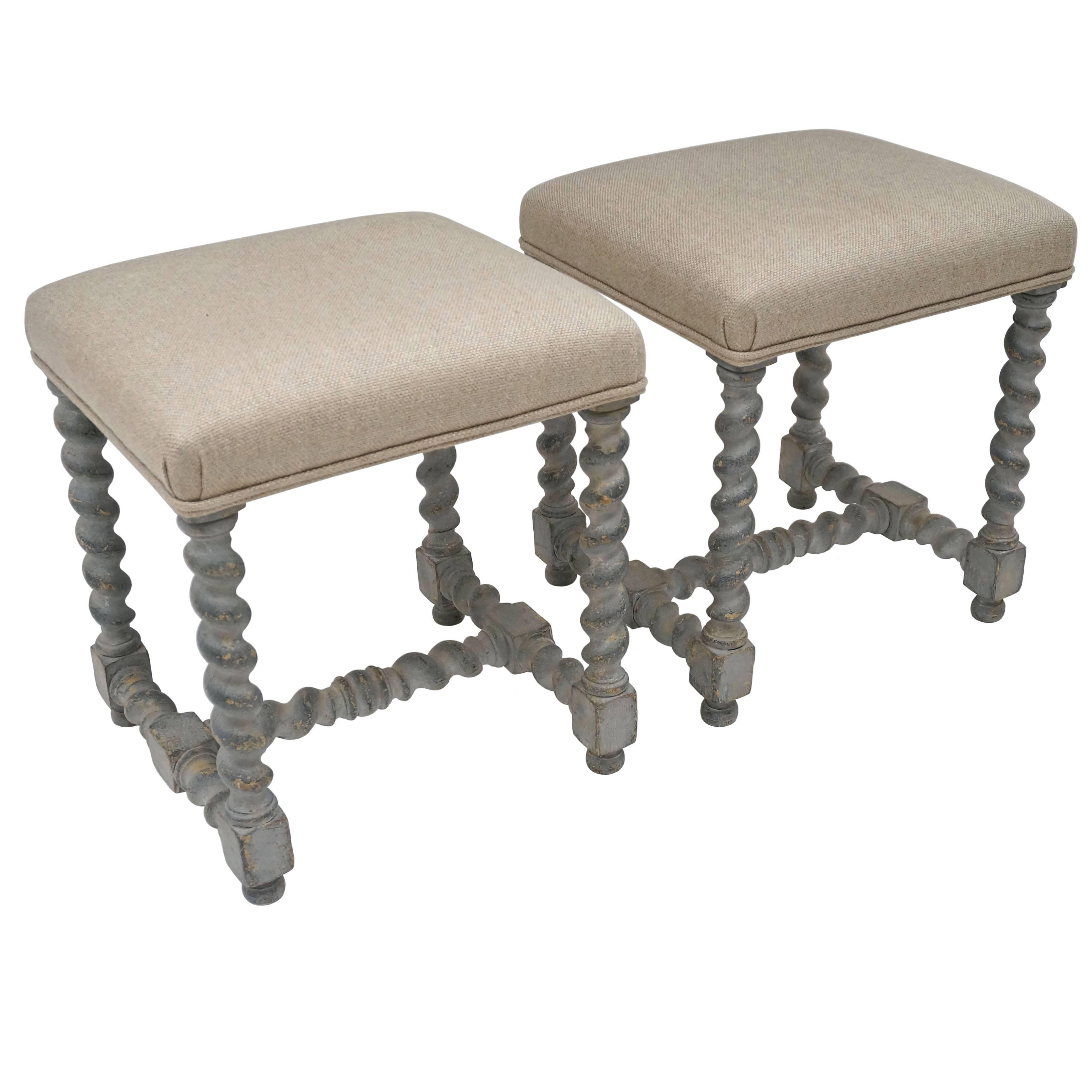 Pair of Antique Painted Gray Stools with Upholstered Seats, Belgium, circa 1900s