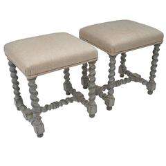 Pair of Antique Painted Gray Stools with Upholstered Seats, Belgium, circa 1900s 10