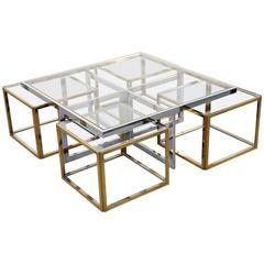 Maison Charles, Huge Coffee Table Chrome and Brass, Four Nesting Tables, Bicolor