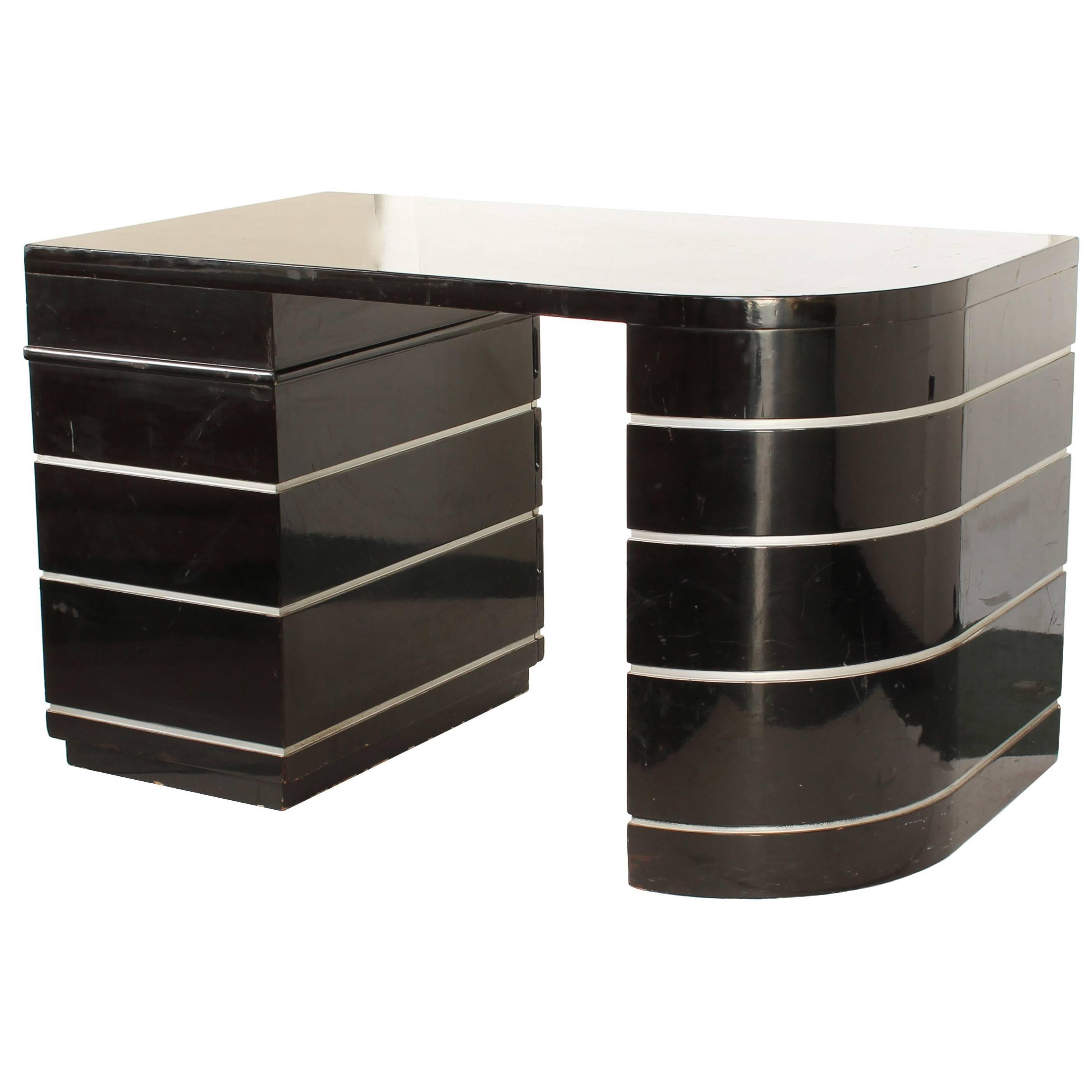 Paul Frankl Attr. Art Deco Curved Desk Black Lacquer Silver Grooves with Drawers For Sale